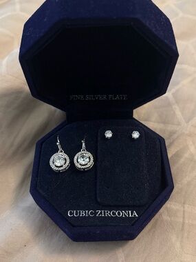 Cubic Zirconia Silver-Tone Drop & Stud Earring Set - Clear